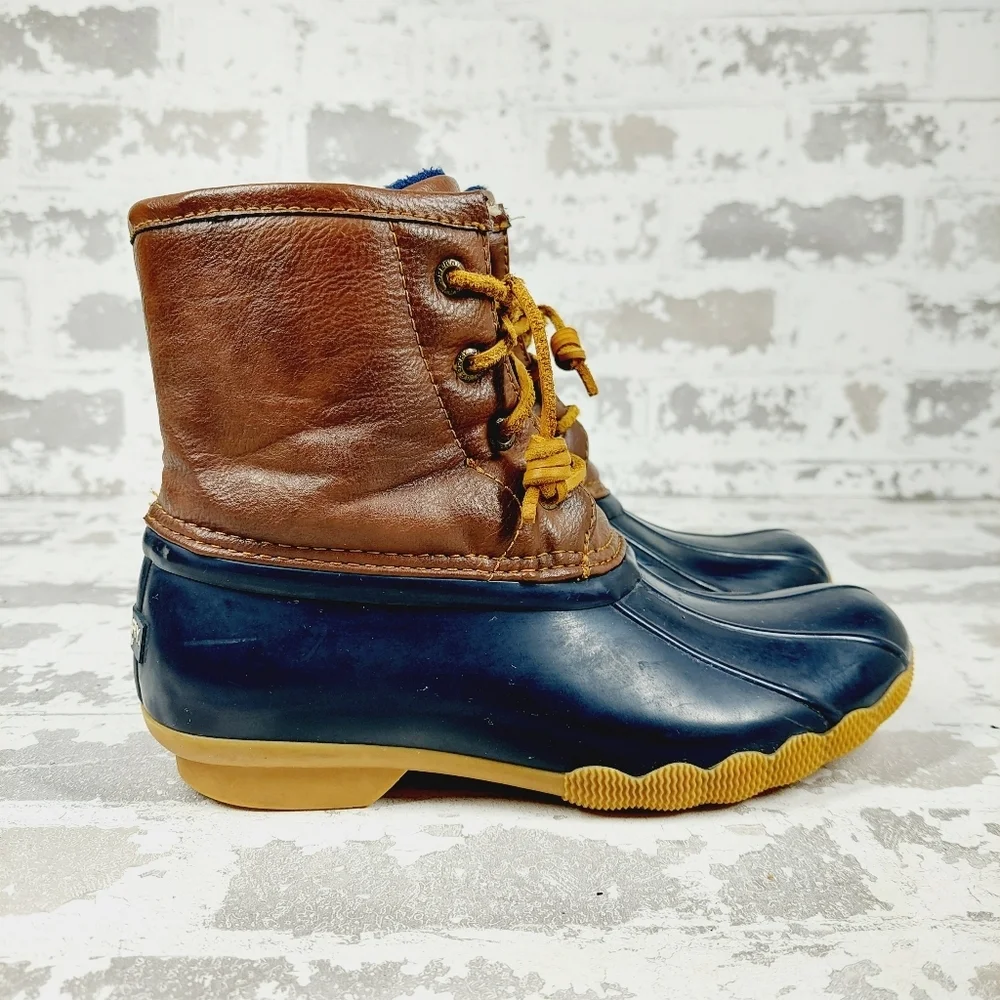 Sperry Saltwater Duck Rain Blue Brown Leather Lace Up Zipper Ankle Boots K338